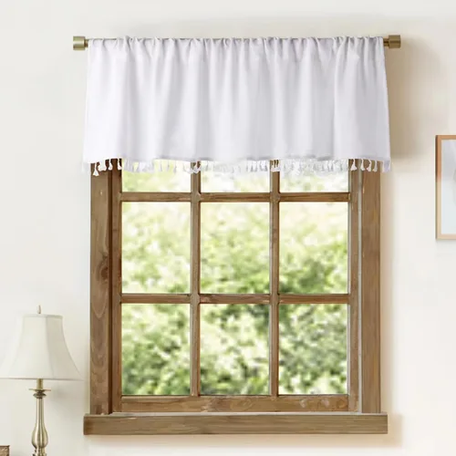 Vista 10 de Oindec Cenefas de cocina de lino sintético con borlas, color blanco, 54 x 15 pulgadas Borlas negras, granja moderna, rústico campestre