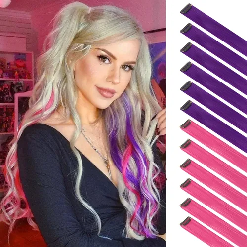 Vista 24 de FESHFEN Juego de 12 extensiones de cabello con clip, color negro, con clip, con purpurina, kit de accesorios coloridos para mujeres, de 20 pulgadas