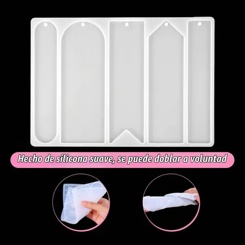 Vista 5 de Moldes de resina para marcapáginas de silicona, 5 formas y 20 piezas de borlas marcapáginas, moldes rectangulares de arco ancho, molde de silicona