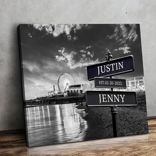 Vista 35 de CP CANVASPATH Letrero de calle con el nombre de la pareja y la fecha, impresiones personalizadas en lienzo del puente de Manhattan por la noche