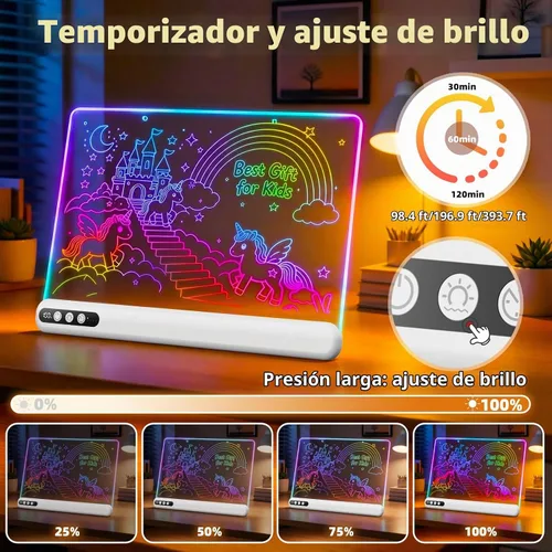 Vista 4 de Tablero de dibujo LED de 16 pulgadas para niños, tablero de notas LED recargable con 7 colores, tableta de dibujo iluminada, 7 modos dinásticos
