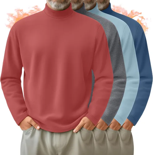 Vista 19 de Paquete de 4 Camisas de Cuello Alto Simulado para Hombre, Suéter Pullover Térmico de Manga Larga, Camiseta Interior Casual de Ajuste Holgado