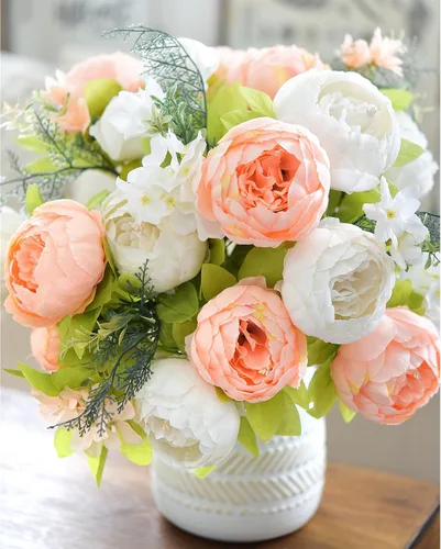 Vista 3 de Ramo de peonías artificiales – Juego de 2 tallos de flores de seda sintética – Ramos listos para el estilo para bodas, decoración del hogar, eventos
