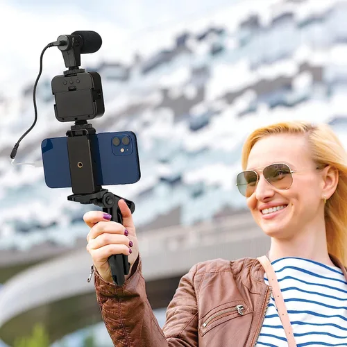 Vista 5 de Kit de vlogging con luz y micrófono con trípode de empuñadura de pistola Luz LED de estudio, mini agarre de trípode portátil profesional