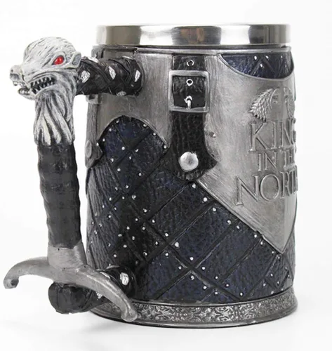 Vista 7 de Taza de cerveza personalizada, estilo grabado, taza de cerveza, con cuerno, Dragon King in The North de acero inoxidable, para café, cerveza, tazas