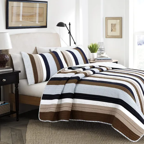 Vista 9 de Cozy Line Home Fashions Juego de ropa de cama de retazos reales a cuadros y rayas verdes, amarillos y azules, 100% algodón, colcha reversible