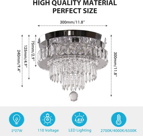 Vista 5 de Lámpara de Araña de Cristal Regulable de 11.8", Luz de Techo de Cristal, Lámparas de Araña Modernas de Montaje al Ras, Lámpara de Techo
