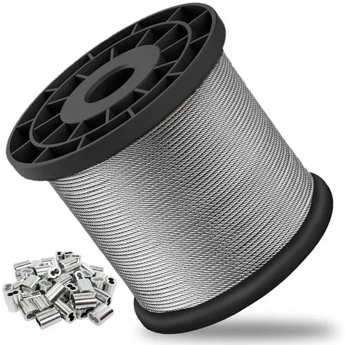 Vista 10 de Cable de alambre de 1/16 de pulgada, cable de acero inoxidable 304 de 100 pies con 50 fundas de engarzado, grado aeronáutico, hebra de 7x7
