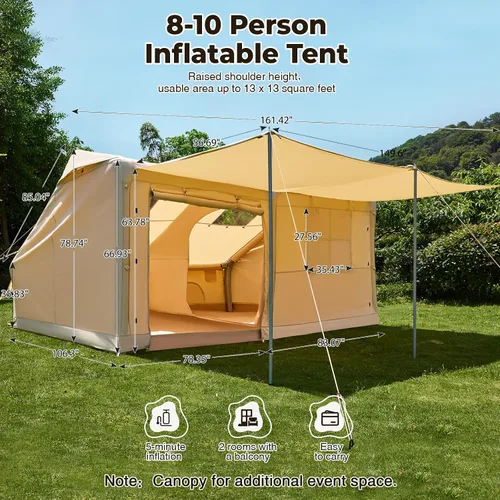 Vista 5 de YOLENY Inflatable Camping Tent, 8-10 Person Large Family Glamping Tent with Pump, Easy Setup Blow Up Tent with Stove Jack, Mesh Windows & Extended
