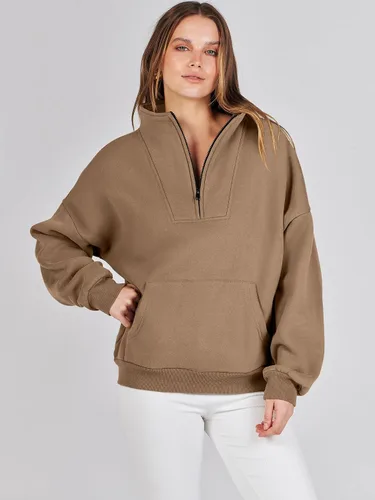 Vista 7 de ANRABESS Sudaderas de manga larga para mujer, forro polar de gran tamaño, media cremallera, sudaderas con capucha para adolescentes y niñas, suéter