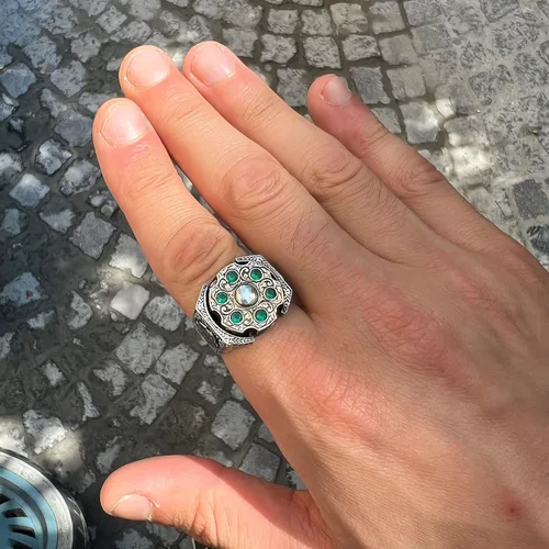 Vista 8 de Men Handmade Emerald Stone Ring, Rotating Split Ring, Micro Stone Ring, Ottoman Style Silver Ring, 925k Sterling Silver Ring