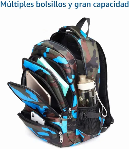 Vista 4 de BLUEFAIRY Mochilas para niños y niñas de 6 a 8 años, 8 a 12 años, mochilas Azul Camo