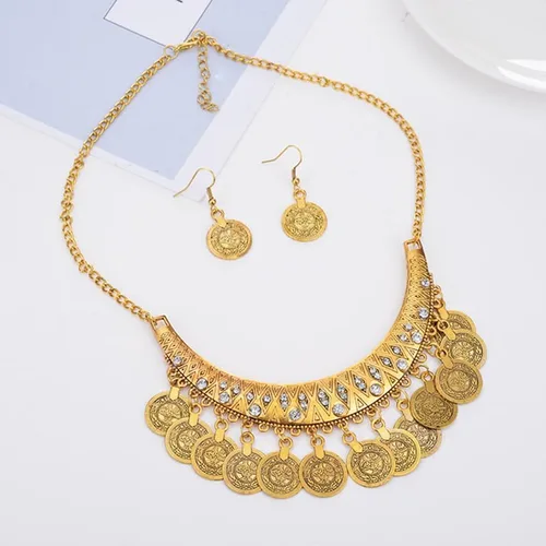 Vista 2 de Juego de 3 piezas de joyería bohemia con dije de disco vintage, estilo étnico gitano, aretes colgantes para mujer