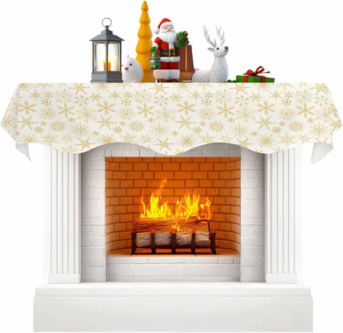 Vista 7 de Bufanda de Navidad para chimenea, diseño de árbol de Navidad, mantel de Navidad, mantel superior, bufandas con copos de nieve, cubierta de mantel