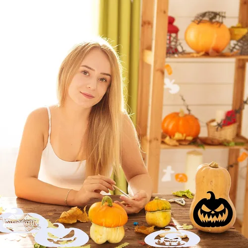 Vista 6 de Plantillas decorativas de calabazas de Halloween de 16 piezas de plantillas de calabaza de plástico reutilizables de dibujo de calabaza plantillas