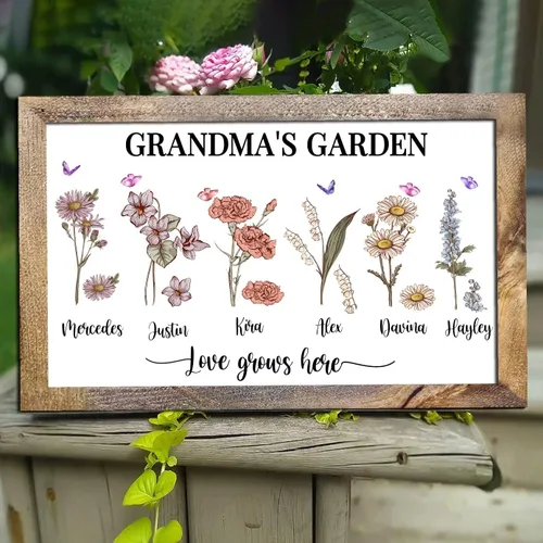 Vista 22 de Nazenti Letrero personalizado con marco de jardín de la abuela con nombres de nietos y flor de nacimiento para regalo del día de la madre, regalos