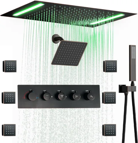 Vista 13 de Sistema de ducha termostático y cabezal de ducha de lluvia LED de techo de Oro cepillado