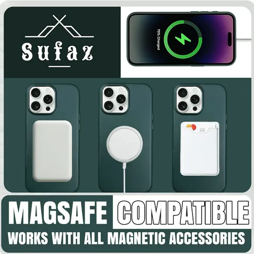 Vista 2 de [Usado] Funda de cuero para iPhone 13 Pro Max, compatible con MagSafe, cuero de grano completo, funda delgada con botones metálicos, color verde