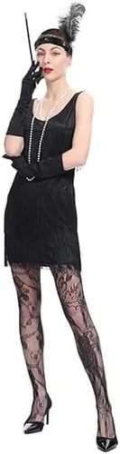 Vista 3 de Leadtex Disfraz de flapper con flecos, de los años 1920, para mujer, con diadema de plumas, collar de cuentas