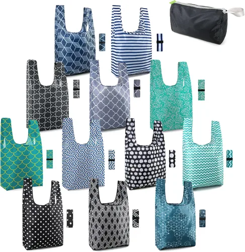Vista 13 de BeeGreen Bolsas de comestibles reutilizables plegables, paquete de 12 bolsas grandes y bonitas, bolsa de regalo de tela lavable resistente con asas