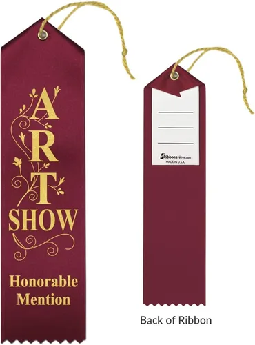 Vista 2 de RibbonsNow Cintas de mención honorífica de Art Show - 25 cintas granate con tarjeta y cuerda