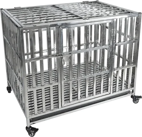 Vista 12 de Jaula para perros grandes, resistente e indestructible y a prueba de escapes, de 38 pulgadas, con bandejas de alambre y ruedas extraíbles, extra