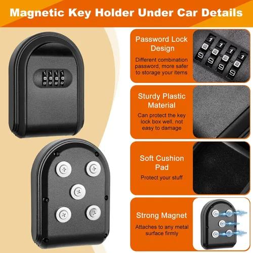 Vista 3 de Soporte magnético para llaves con cerradura, caja de cerradura magnética oculta debajo del automóvil, combinación segura de 4 dígitos con código