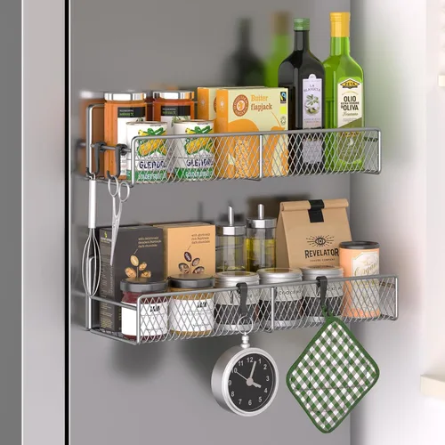 Vista 28 de Estante magnético para especias para refrigerador, paquete de 7 estantes magnéticos fuertes 100% de metal, organizador de especias con soporte