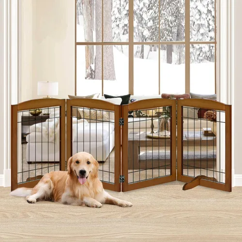 Vista 15 de LZRS Puerta plegable independiente de madera para perros de 2 paneles, madera maciza y alambre de acero, barrera para mascotas resistente a