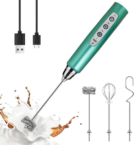 Vista 33 de YUSWKO Baby Blue - Varita espumadora de leche de mano para café, batidor eléctrico recargable con 3 cabezales, 3 velocidades, mezclador de bebidas