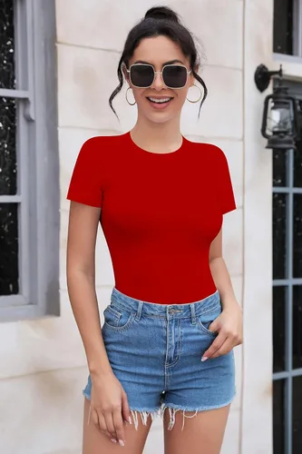 Vista 2 de SHEIUGU Women's Crew Neck Short Sleeve Slim Fit T Shirts tops Basic Bodysuit Leotard Clothing