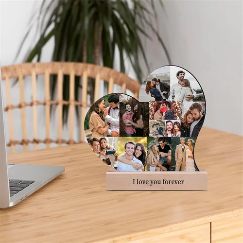 Vista 2 de Marco de fotos personalizado con collage de corazón, placa de madera con base para el día de San Valentín, boda, aniversario, cumpleaños, decoración