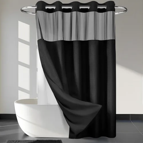 Vista 12 de Cortina de baño River Dream de gran peso sin ganchos necesarios con diseño de gofre punteado y forro a presión - 36W x 74H, de calidad hotelera