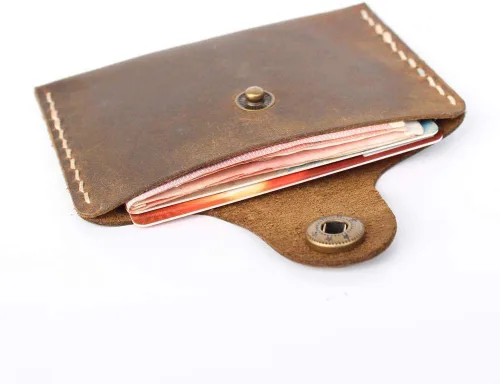 Vista 4 de Handmade Crazy Horse Leather Retro Card Case Small Coin Purse Leather Small Top Layer Cowhide Snap Buckle