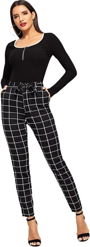 Vista 4 de WDIRARA Leggings elásticos para mujer estampado a cuadros pantalones suaves y ajustados a la moda