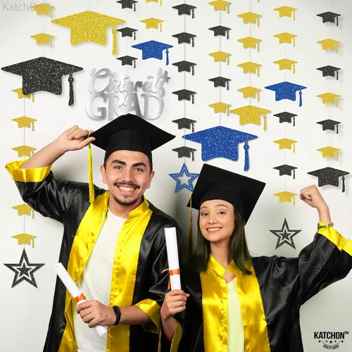 Vista 4 de KatchOn, Guirnalda de gorra de graduación con purpurina, 12 cuerdas, sin bricolaje, decoraciones de graduación azules y doradas 2025, decoraciones