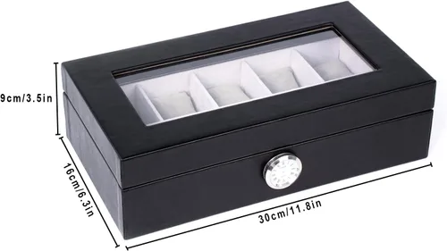 Vista 6 de Caja de reloj con 10 ranuras de vidrio transparente para hombres y mujeres, exquisito almacenamiento de reloj negro con piel sintética superior