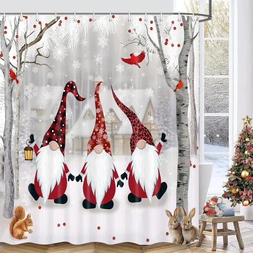 Vista 10 de Christmas Shower Curtain Gnome Winter Shower Curtain Snowy Forest Birth Tree with Cute Fun Gnome Bath Curtain Xmas New Year Bathroom Decor Bathroom