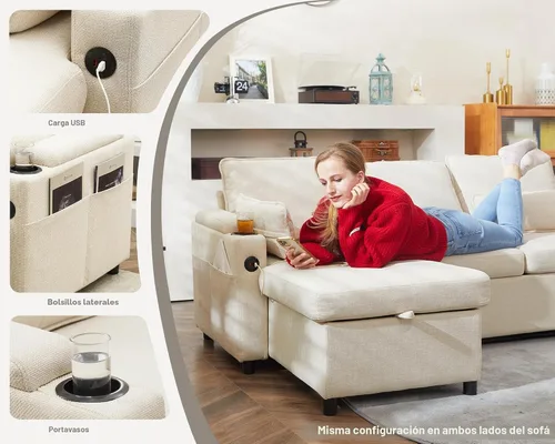 Vista 4 de Sofá cama extraíble 2 en 1 sofá cama seccional sofá en forma de L con almacenamiento Sofás convertibles para sala de estar, puertos de carga USB