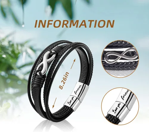 Vista 2 de Pulsera de cuero trenzado con texto en inglés «Love You Forever» para hombres y niños, pulsera inspiradora de acero inoxidable, pulsera de cuero