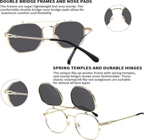 Vista 4 de Dollger Gafas de sol abatibles para hombres y mujeres, polarizadas Steampunk con doble lente