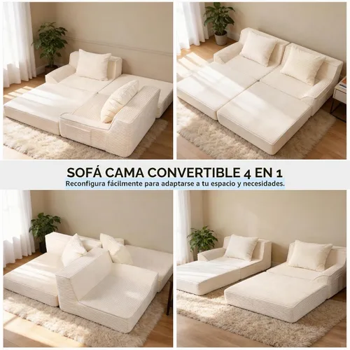 Vista 4 de Sofá cama convertible de 79 pulgadas, pana sin hueso con espuma viscoelástica, color beige