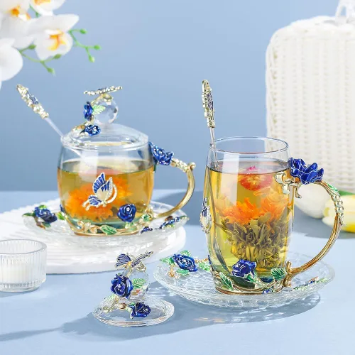Vista 3 de Taza de café de vidrio, regalo de cumpleaños y Navidad para mujeres, mamá, hermana, novia, compañera de trabajo, taza de té de flores y mariposas