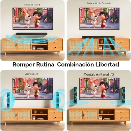 Vista 6 de Barra de sonido de 2.0 canales de 100 W para Smart TV, altavoz Bluetooth 5.3 desmontable 2 en 1 con 3 modos de ecualización y graves ajustables