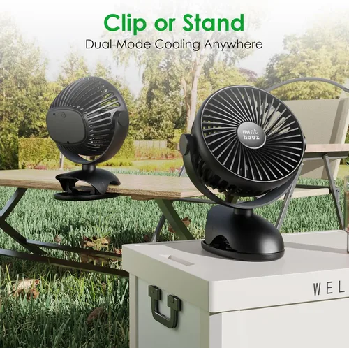 Vista 6 de Minthouz Ventilador de clip, ventilador de escritorio pequeño recargable USB-C de 8000 mAh, ventilador de escritorio pequeño de 4 velocidades