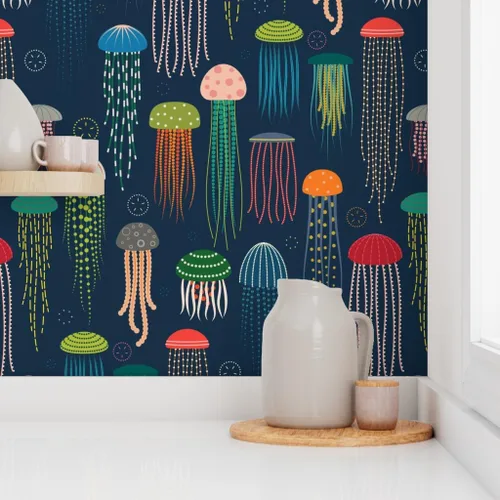 Vista 8 de Muestras de papel tapiz para despegar y pegar, medusas brillantes y modernas, animales coloridos océanos, natación, criaturas marinas, decoración