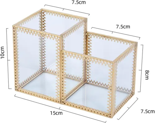 Vista 2 de ULTECHNOVO Two-compartment Glass Makeup Brush Holder Cosmetic Storage Organizer with Lace Design for Vanity Desk and Jewelry Display