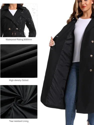 Vista 5 de poonyfesh Gabardina larga impermeable resistente al viento para mujer clásica con solapa de doble botonadura con capucha extraíble