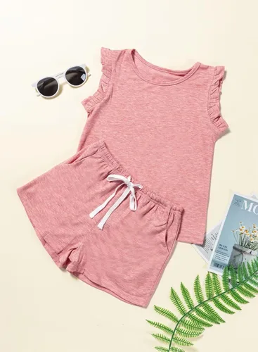 Vista 4 de Conjunto de camiseta y pantalones cortos de verano para niñas con bolsillos laterales