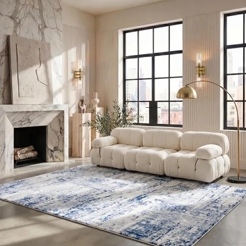 Vista 69 de SAFAVIEH Amelia Collection ALA700A - Alfombra decorativa de 2'2" x 4', diseño moderno abstracto, color marfil y azul, no desprende pelusa y de fácil